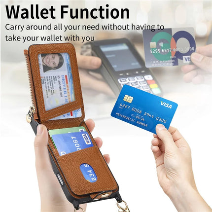 For iPhone 16 Pro Case Card Holder Kickstand Leather Back Cover with Shoulder Strap