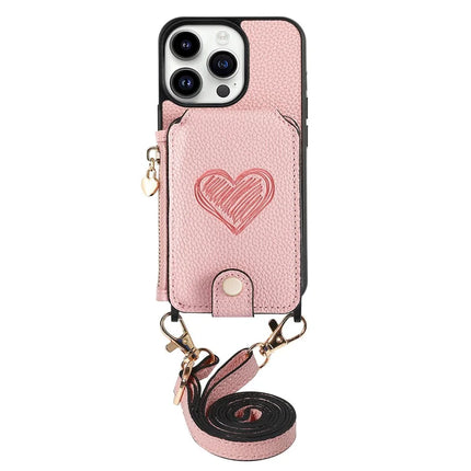 For iPhone 16 Pro Case Card Holder Kickstand Leather Back Cover with Shoulder Strap - Pink