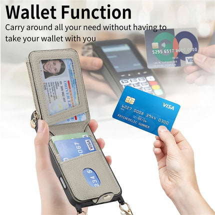 For iPhone 16 Pro Case Card Holder Kickstand Leather Back Cover with Shoulder Strap