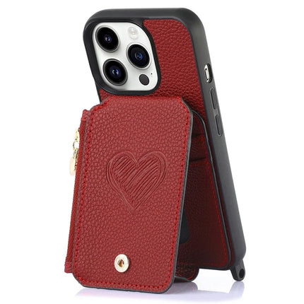 For iPhone 16 Pro Case Card Holder Kickstand Leather Back Cover with Shoulder Strap