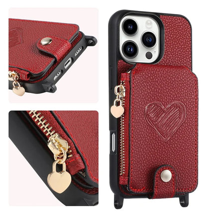 For iPhone 16 Pro Case Card Holder Kickstand Leather Back Cover with Shoulder Strap