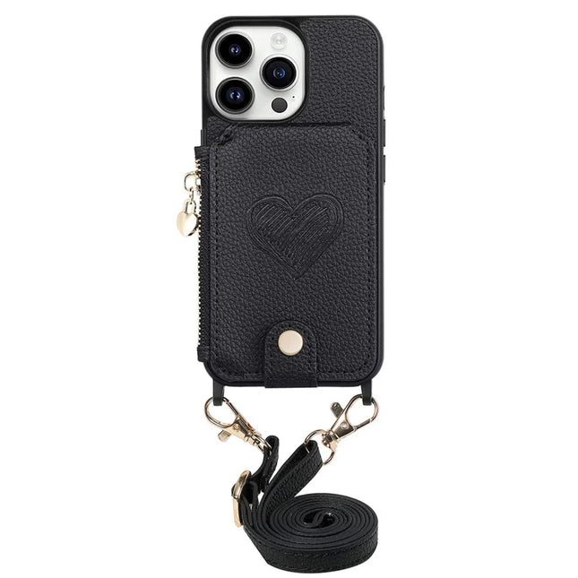 For iPhone 16 Pro Max Case Card Holder Kickstand Leather Back Cover with Shoulder Strap - Black