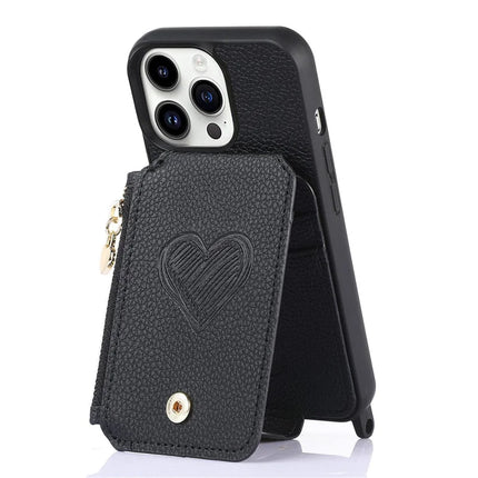 For iPhone 16 Pro Max Case Card Holder Kickstand Leather Back Cover with Shoulder Strap