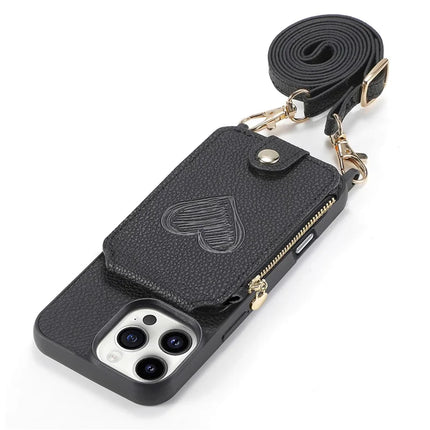 For iPhone 16 Pro Max Case Card Holder Kickstand Leather Back Cover with Shoulder Strap