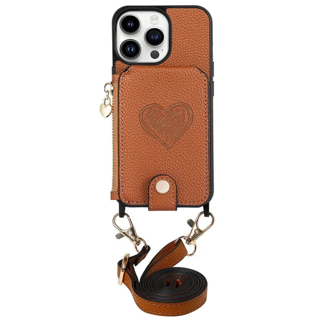 For iPhone 16 Pro Max Case Card Holder Kickstand Leather Back Cover with Shoulder Strap - Brown