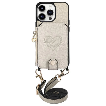 For iPhone 16 Pro Max Case Card Holder Kickstand Leather Back Cover with Shoulder Strap - Light Grey