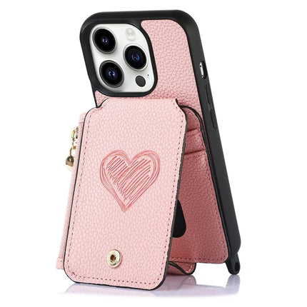 For iPhone 16 Pro Max Case Card Holder Kickstand Leather Back Cover with Shoulder Strap
