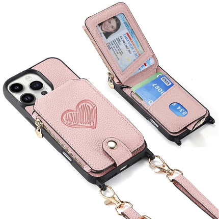 For iPhone 16 Pro Max Case Card Holder Kickstand Leather Back Cover with Shoulder Strap