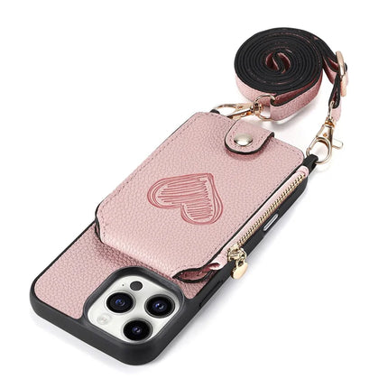 For iPhone 16 Pro Max Case Card Holder Kickstand Leather Back Cover with Shoulder Strap