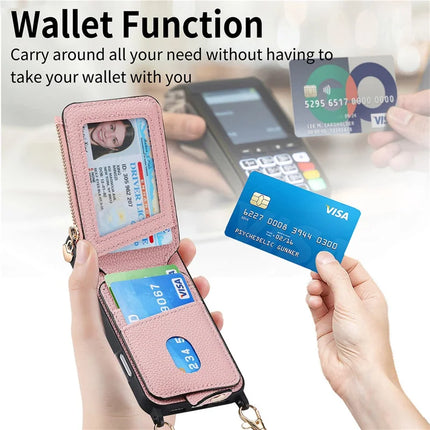 For iPhone 16 Pro Max Case Card Holder Kickstand Leather Back Cover with Shoulder Strap