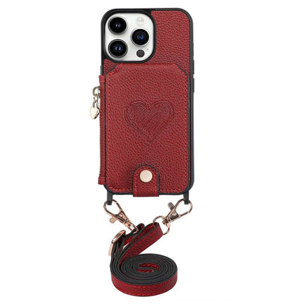 For iPhone 16 Pro Max Case Card Holder Kickstand Leather Back Cover with Shoulder Strap - Red
