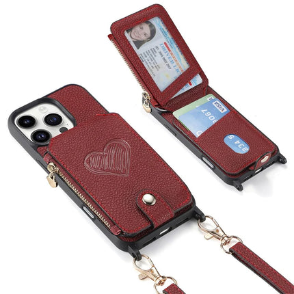 For iPhone 16 Pro Max Case Card Holder Kickstand Leather Back Cover with Shoulder Strap