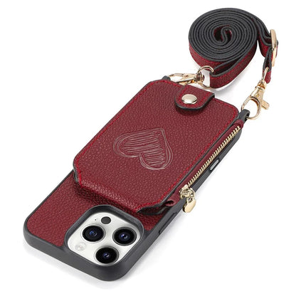 For iPhone 16 Pro Max Case Card Holder Kickstand Leather Back Cover with Shoulder Strap