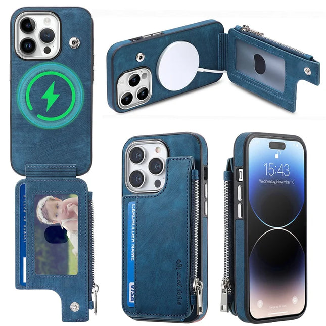 For iPhone 15 Pro Max Magnetic Case Card Holder Kickstand TPU + Leather Back Cover - Blue