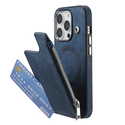 For iPhone 15 Pro Max Magnetic Case Card Holder Kickstand TPU + Leather Back Cover
