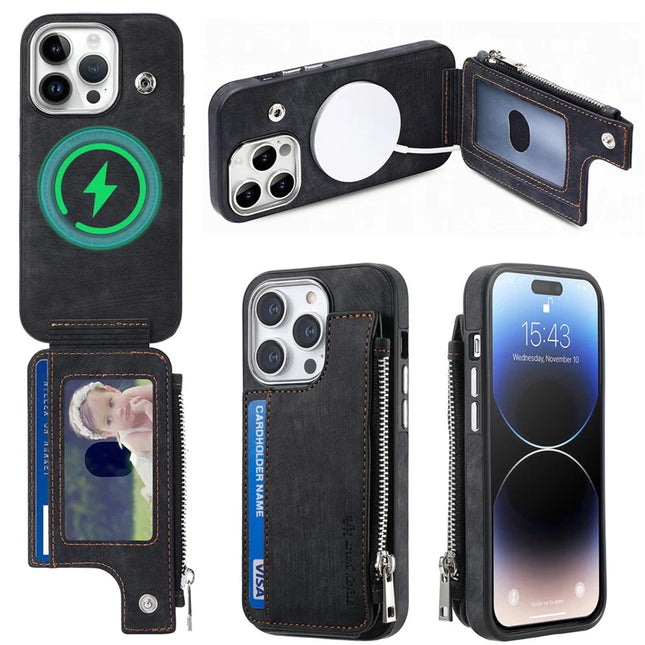 For iPhone 15 Pro Max Magnetic Case Card Holder Kickstand TPU + Leather Back Cover - Black