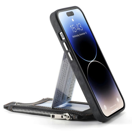 For iPhone 15 Pro Max Magnetic Case Card Holder Kickstand TPU + Leather Back Cover
