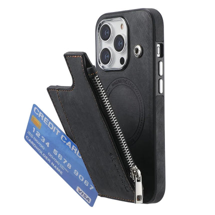For iPhone 15 Pro Max Magnetic Case Card Holder Kickstand TPU + Leather Back Cover