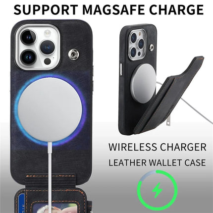 For iPhone 15 Pro Max Magnetic Case Card Holder Kickstand TPU + Leather Back Cover
