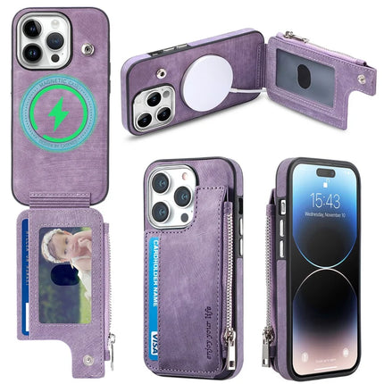 For iPhone 15 Pro Max Magnetic Case Card Holder Kickstand TPU + Leather Back Cover - Purple