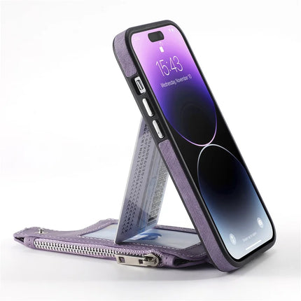 For iPhone 15 Pro Max Magnetic Case Card Holder Kickstand TPU + Leather Back Cover