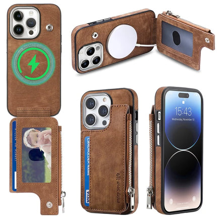For iPhone 15 Pro Max Magnetic Case Card Holder Kickstand TPU + Leather Back Cover - Brown