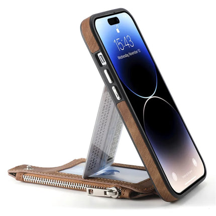 For iPhone 15 Pro Max Magnetic Case Card Holder Kickstand TPU + Leather Back Cover