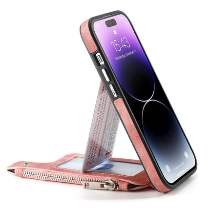 For iPhone 15 Pro Max Magnetic Case Card Holder Kickstand TPU + Leather Back Cover