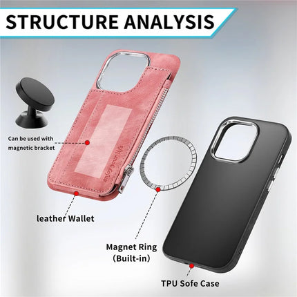 For iPhone 15 Pro Max Magnetic Case Card Holder Kickstand TPU + Leather Back Cover