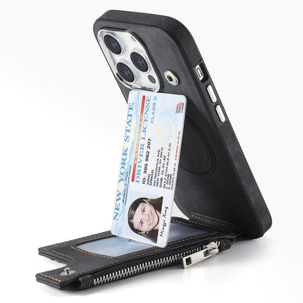 For iPhone 13 Pro Max Magnetic Case Card Holder Kickstand TPU + Leather Back Cover