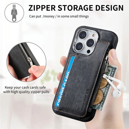 For iPhone 13 Pro Max Magnetic Case Card Holder Kickstand TPU + Leather Back Cover