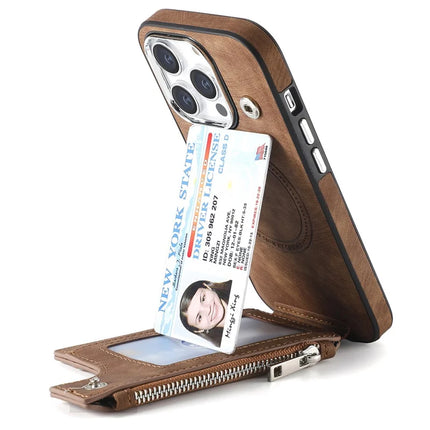 For iPhone 13 Pro Max Magnetic Case Card Holder Kickstand TPU + Leather Back Cover