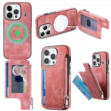 For iPhone 13 Pro Max Magnetic Case Card Holder Kickstand TPU + Leather Back Cover - Rose Pink