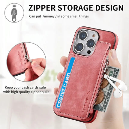 For iPhone 13 Pro Max Magnetic Case Card Holder Kickstand TPU + Leather Back Cover
