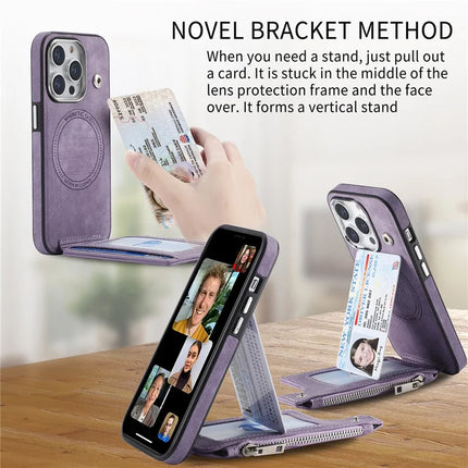 For iPhone 13 Pro Max Magnetic Case Card Holder Kickstand TPU + Leather Back Cover