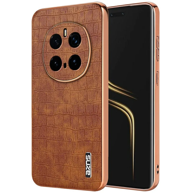 AZNS For Honor Magic7 Pro 5G Case Electroplating Crocodile Texture PU + TPU Phone Cover - Brown