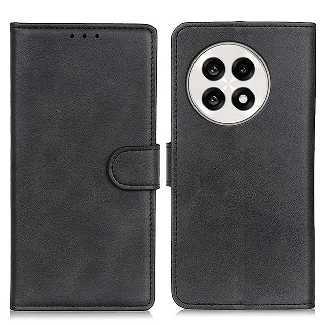 Stand Wallet Phone Case For OnePlus 13R 5G / Ace 5 5G / Ace 5 Pro 5G Cowhide Texture Leather Cover - Black