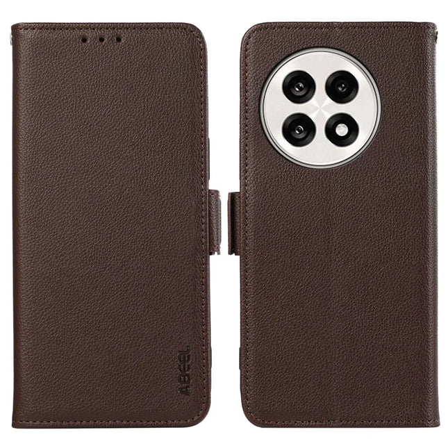 ABEEL Phone Case For OnePlus 13R 5G / Ace 5 5G / Ace 5 Pro 5G Litchi Texture Leather RFID Blocking Cover - Brown