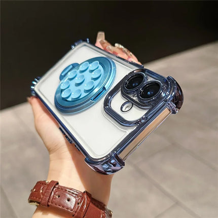 For iPhone 16 Magnetic Case Suction Cup Kickstand PC Phone Cover with Four Corner Airbag