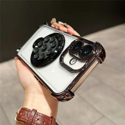 For iPhone 16 Plus Magnetic Case Suction Cup Kickstand PC Phone Cover with Four Corner Airbag