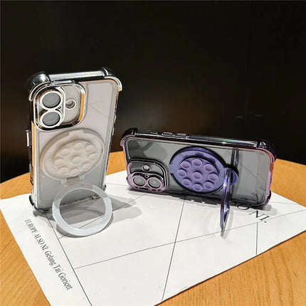 For iPhone 16 Plus Magnetic Case Suction Cup Kickstand PC Phone Cover with Four Corner Airbag