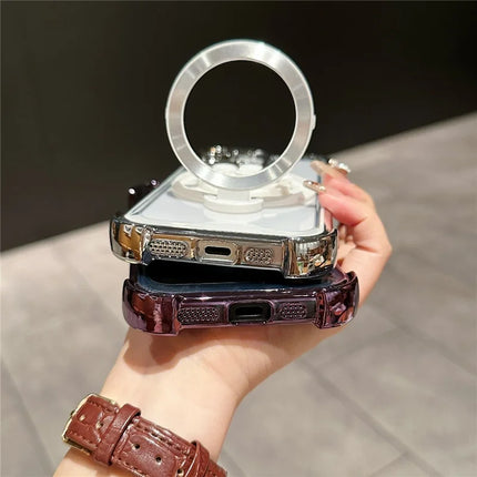 For iPhone 16 Plus Magnetic Case Suction Cup Kickstand PC Phone Cover with Four Corner Airbag