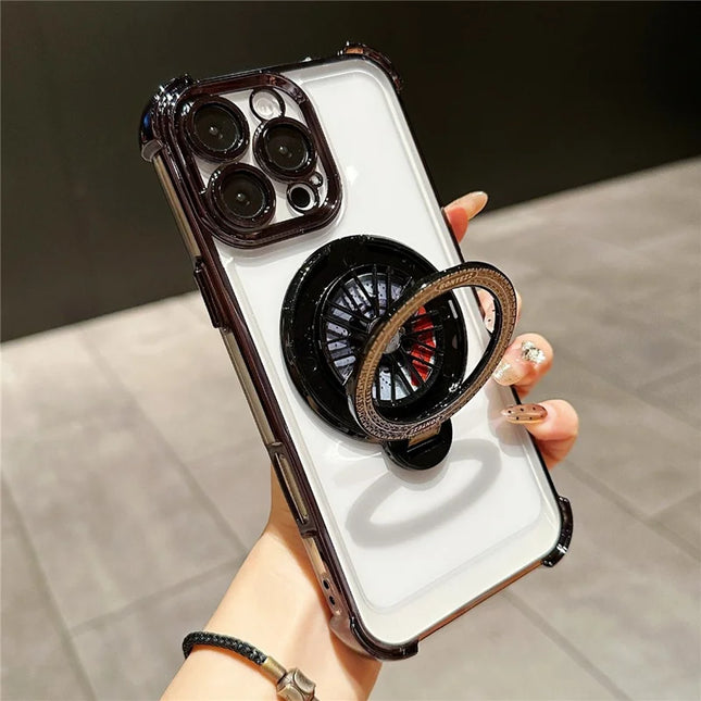 For iPhone 16 Pro Max Magnetic Case Rotating Fidget Spinner Kickstand PC + TPU Airbag Mobile Cover - Black