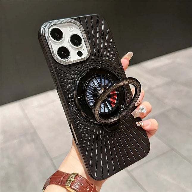 For iPhone 16 Pro Max Case Compatible with MagSafe Gyroscope Kickstand Heat Dissipation PC Back Cover - Black