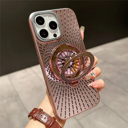 For iPhone 16 Pro Max Case Compatible with MagSafe Gyroscope Kickstand Heat Dissipation PC Back Cover - Pink