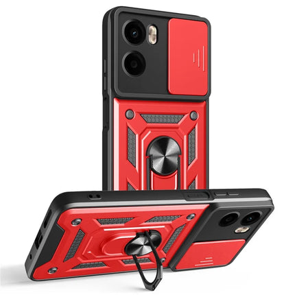 For Motorola Moto G05 4G Case with Slide Camera Lid PC + TPU Kickstand Phone Cover - Red