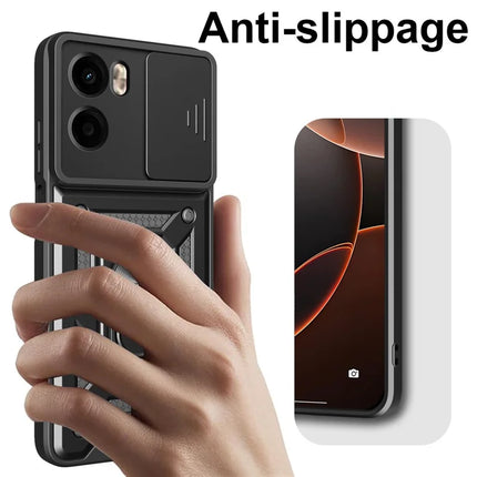 For Motorola Moto G05 4G Case with Slide Camera Lid PC + TPU Kickstand Phone Cover