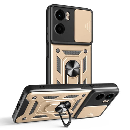 For Motorola Moto G05 4G Case with Slide Camera Lid PC + TPU Kickstand Phone Cover - Gold