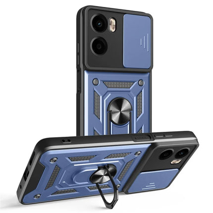 For Motorola Moto G05 4G Case with Slide Camera Lid PC + TPU Kickstand Phone Cover - Blue