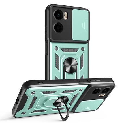 For Motorola Moto G05 4G Case with Slide Camera Lid PC + TPU Kickstand Phone Cover - Green
